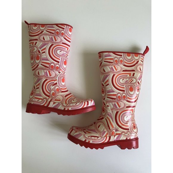 COACH❤️RED/PINK PAISLEY Monogram Rubber RAIN BOOTS - Picture 6 of 10